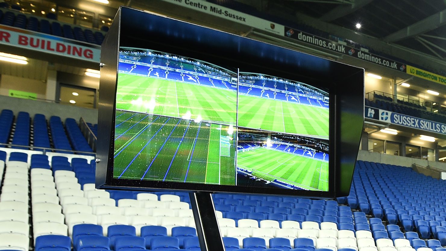 The Video Assistant Referee (VAR) system pitchside during the FA Cup clash between Brighton and Crystal Palace.
