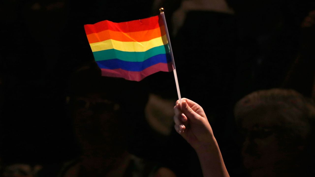 MELBOURNE, AUSTRALIA - JANUARY 09:  Guest at the wedding of Antony McManus and Ron Van Houwelingen wave rainbow flags on January 9, 2018 in  Melbourne, Australia.  Couples across Australia wed in midnight ceremonies as the Australian Marriage Act legalising same-sex marriage took effect on January 9.  (Photo by Darrian Traynor/Getty Images)