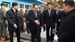 North Korean chief delegate Ri Son-Gwon (C) and his delegation cross the border line to attend inter-Korea talks at the border truce village of Panmunjom in the Demilitarized Zone (DMZ) dividing the two Koreas on January 9, 2018.
North Korea said it was willing to send athletes and a high-level delegation to the forthcoming Winter Olympics in the South on January 9, as the rivals held their first official talks in more than two years after high tensions over Pyongyang's nuclear weapons programme. / AFP PHOTO / KOREA POOL / - / South Korea OUT        (Photo credit should read -/AFP/Getty Images)