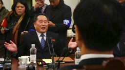 North Korean chief delegate Ri Son-Gwon (L) talks with South Korea Unification Minister Cho Myung-Gyun (R) during their meeting at the border truce village of Panmunjom in the Demilitarized Zone (DMZ) dividing the two Koreas on January 9, 2018.
North and South Korea began their first official talks in more than two years on January 9, focussing on the forthcoming Winter Olympics after months of tensions over Pyongyang's nuclear weapons programme. / AFP PHOTO / KOREA POOL / KOREA POOL / South Korea OUT        (Photo credit should read KOREA POOL/AFP/Getty Images)