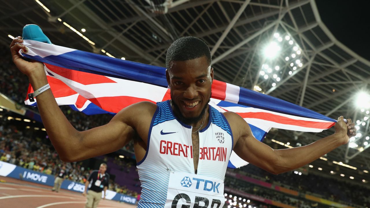 LONDON, ENGLAND - AUGUST 12:  Nethaneel Mitchell-Blake of Great Britain celebrates winning gold in the Men's 4x100 Relay final during day nine of the 16th IAAF World Athletics Championships London 2017 at The London Stadium on August 12, 2017 in London, United Kingdom.  (Photo by Patrick Smith/Getty Images)