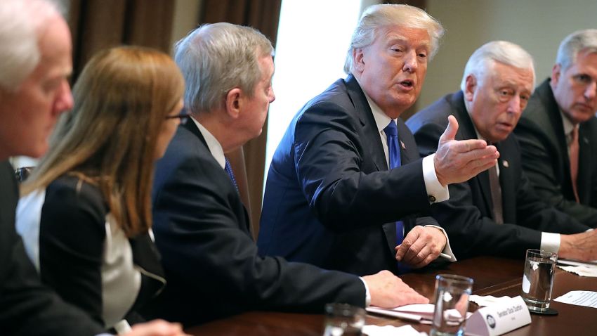 WASHINGTON, DC - JANUARY 09:  U.S. President Donald Trump (C) presides over a meeting about immigration with Republican and Democrat members of Congress, including (L-R) Senate Majority Whip John Cornyn (R-TX), Rep. Martha McSally (R-AZ), Senate Minority Whip Richard Durbin (D-IL), House Minority Whip Steny Hoyer (D-MD) and House Majority Leader Kevin McCarthy (R-CA) in the Cabinet Room at the White House January 9, 2018 in Washington, DC. In addition to seeking bipartisan solutions to immigration reform, Trump advocated for the reintroduction of earmarks as a way to break the legislative stalemate in Congress.  (Photo by Chip Somodevilla/Getty Images)