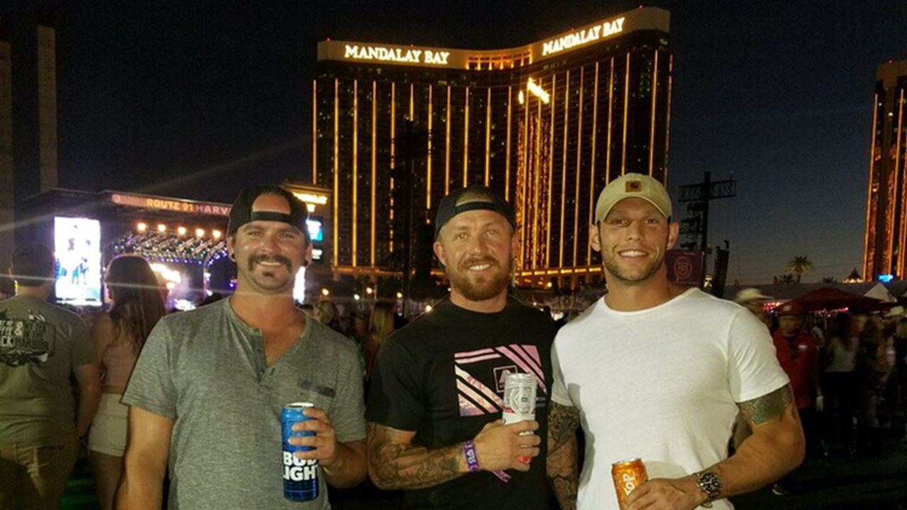 Jake Codemo, center, with his friends less than an hour before the shooting. They had a room at Mandalay Bay, two floors beneath the gunman. 