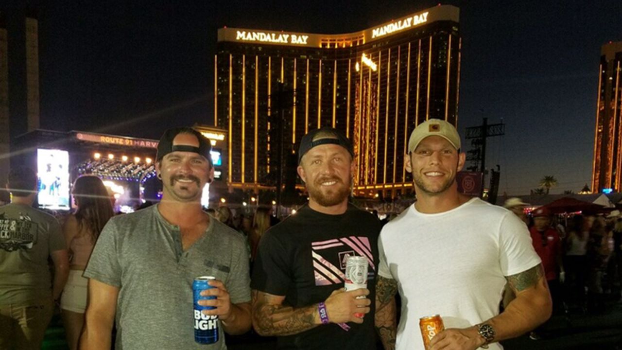 Jake Codemo, center, with his friends less than an hour before the shooting. They had a room at Mandalay Bay, two floors beneath the gunman.