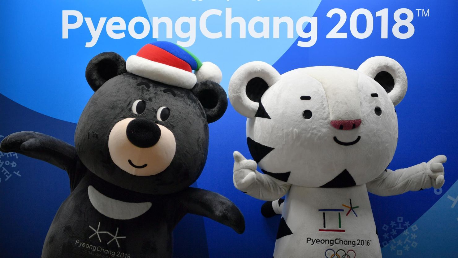 LONDON, ENGLAND - JANUARY 09:  Paralympic Mascot Bandabi (L) poses alongside Olympic Mascot Soohorang during the UK Sport Medal Target Announcement for Pyeongchang 2018 Winter Olympic and Paralympic Games at the Korean Cultural Centre on January 9, 2018 in London, England. (Photo by Dan Mullan/Getty Images)