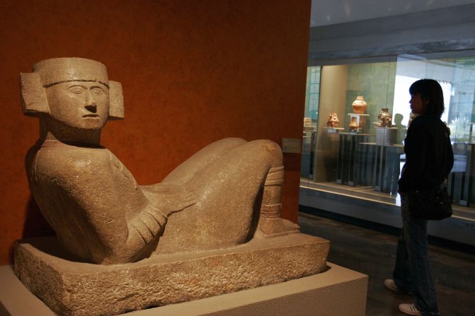 A "Chac Mool," at the National Museum of Anthropology and History, in Mexico city. These sculptures are associated with the Mayan and Aztec rain gods.