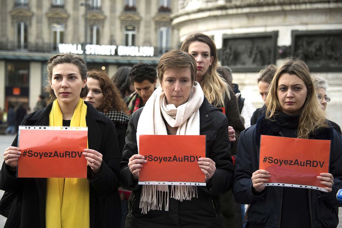 French feminist Caroline de Haas (center) has criticized Tuesday's letter in Le Monde. Here, she is shown protesting with others against violence against women in Paris last November.