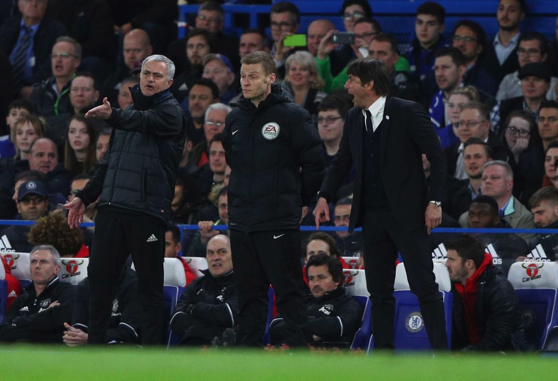 Fourth official Mike Jones intervenes as Mourinho and Conte clash during FA Cup quarterfinal match between Chelsea and  United.