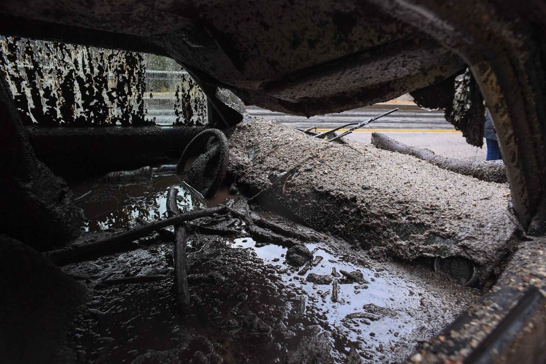 Mud fills the interior of a car destroyed by mudslide in Burbank, California. 