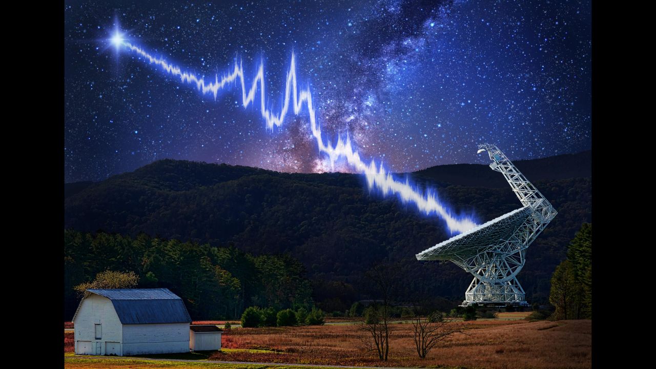 An illustration depicts the detection of a repeating fast radio burst from a mysterious source 3 billion light-years from Earth. 