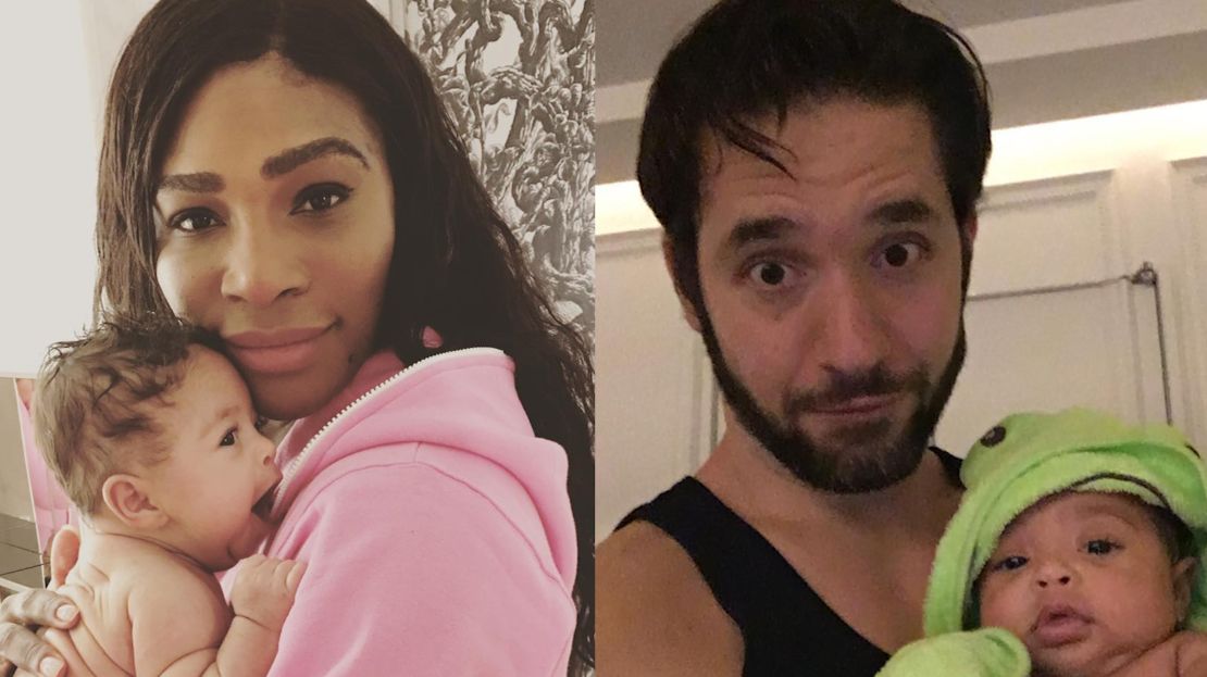 Serena Wililams and her husband, Alexis Ohanian, each holds their daughter, Alexis Olympia.