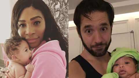 Serena Wililams and her husband, Alexis Ohanian, each holds their daughter, Alexis Olympia.