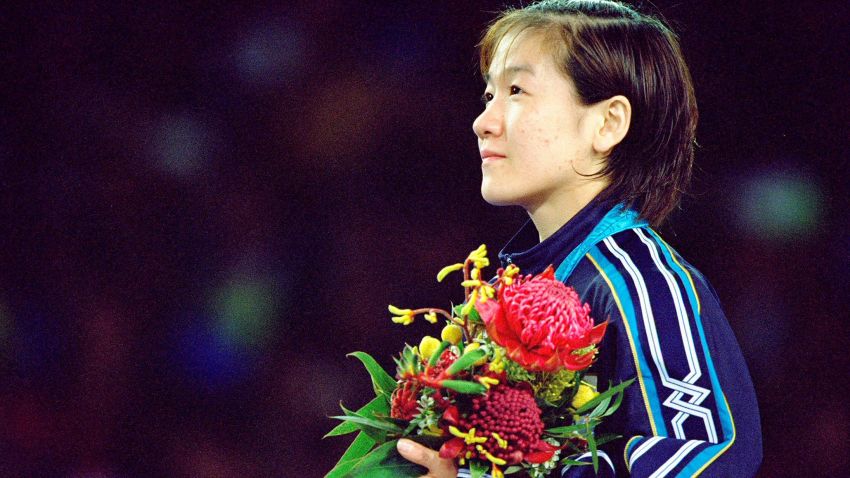 17 Sep 2000:  Ryoko Tamura of Japan on the podium after winning gold in the Women's 48kg Judo event at the Exhibition Halls in Darling Harbour on Day Two of the Sydney 2000 Olympic Games in Sydney, Australia. \ Mandatory Credit: Billy Stickland /Allsport