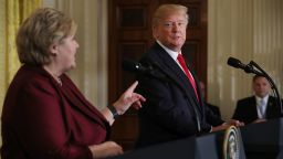 Prime Minister Erna Solberg of Norway and US President Donald Trump conduct a news conference in the East Room of the White House January 10, 2018 in Washington, DC. 