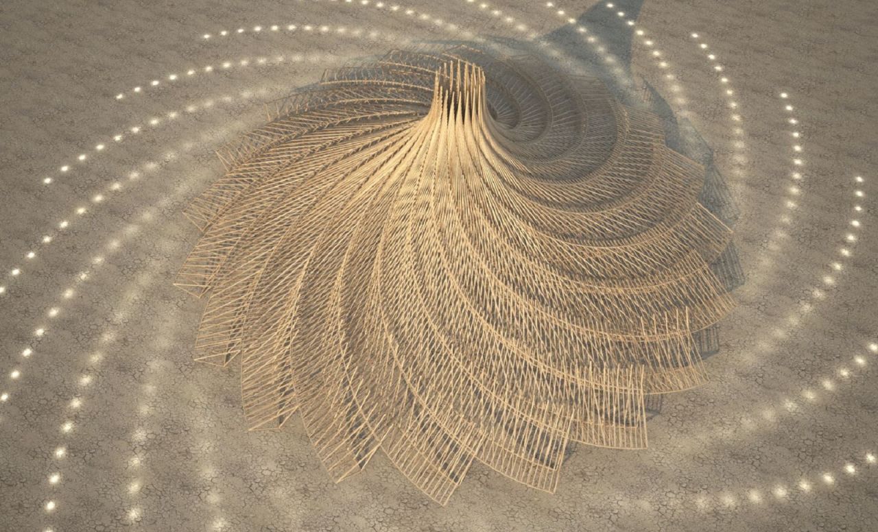 French architect Arthur Mamou-Mani has designed the central temple for this year's <a href="https://burningman.org" target="_blank" target="_blank">Burning Man</a>, a 10-day festival dedicated to community in Nevada's Black Rock Desert. Galaxia represents a giant galaxy. Each spiral that stems from the center is an access point, intended as a departure from traditional religious structures that usually have one entrance. Mamou-Mani is not religious, but through the temple he wants to create a spiritual space that is not confined to a specific religion.