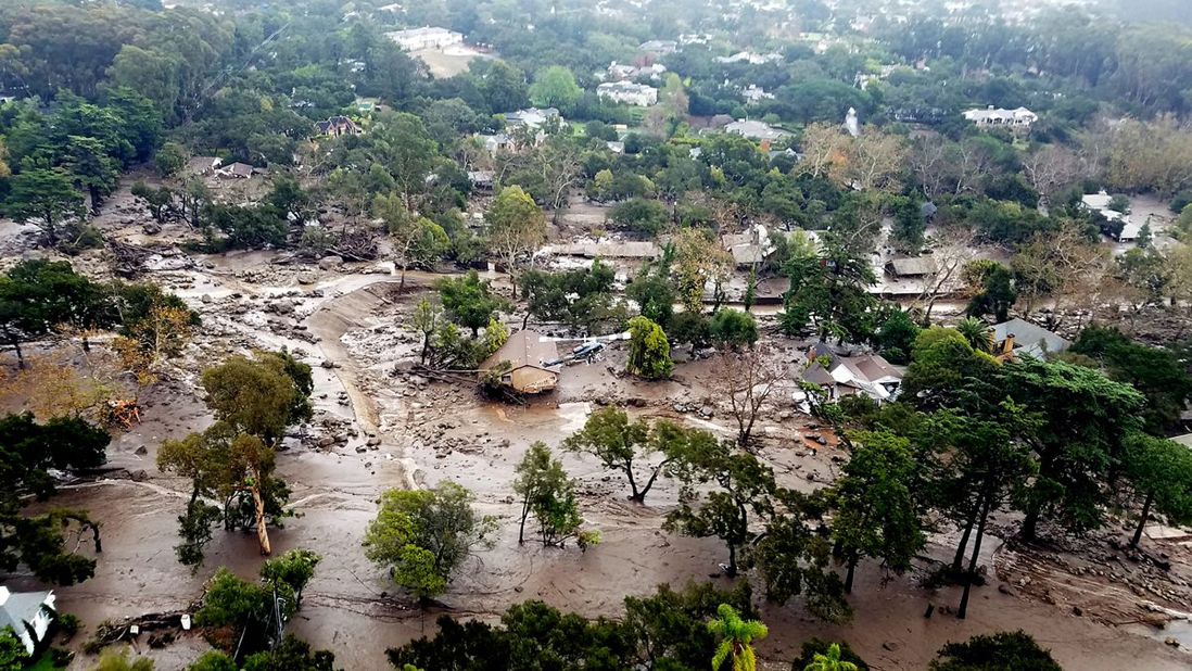 An aerial view of Montecito, California, shows mudflow and debris on Wednesday, January 10, 2018. Heavy rains unleashed deadly mudslides Tuesday that damaged or swept away dozens of homes in Southern California.