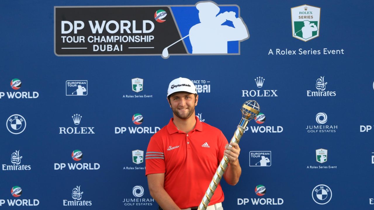 DUBAI, UNITED ARAB EMIRATES - NOVEMBER 19:  Jon Rahm of Spain poses with the trophy following his victory during the final round of the DP World Tour Championship at Jumeirah Golf Estates on November 19, 2017 in Dubai, United Arab Emirates.  (Photo by Andrew Redington/Getty Images)