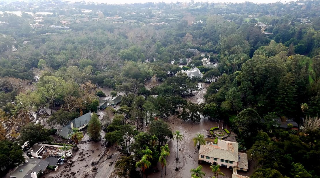 Aerial photos taken aboard Santa Barbara County Air Support Unit's Fire Copter 308 showing mudflow and damage in Montecito in 2018.