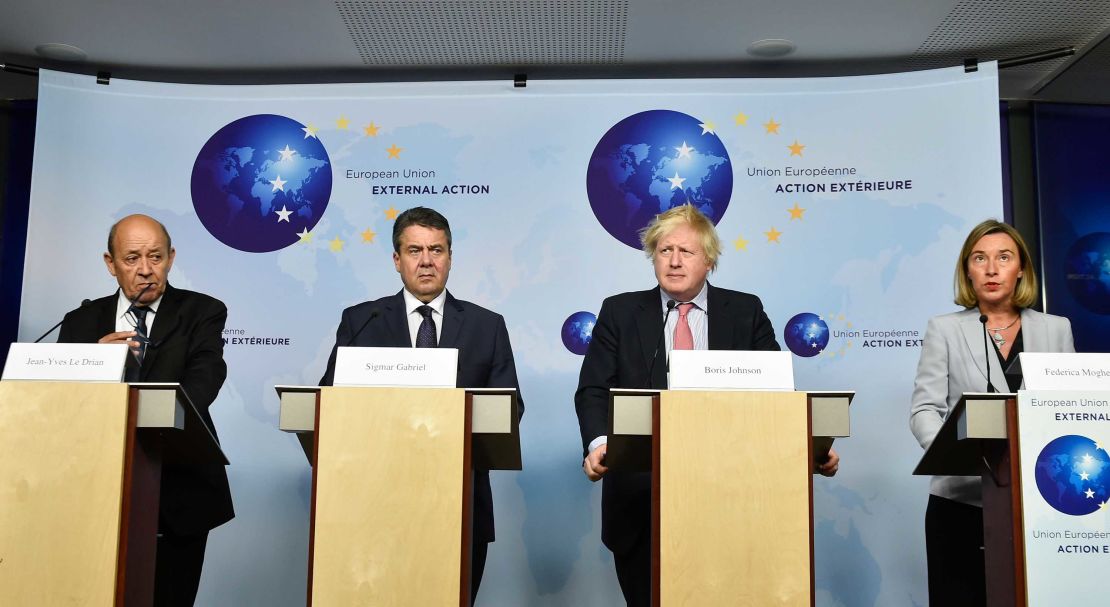 French Foreign Minister Jean-Yves Le Drian, from left, German Foreign Minister Sigmar Gabriel, British Foreign Secretary Boris Johnson and EU High Representative of the Foreign Affairs Federica Mogherini.
