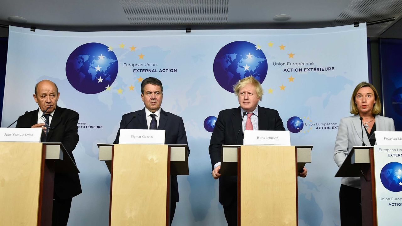 French Foreign Minister Jean-Yves Le Drian, from left, German Foreign Minister Sigmar Gabriel, British Foreign Secretary Boris Johnson and EU High Representative of the Foreign Affairs Federica Mogherini.
