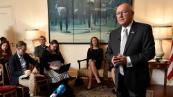 US Ambassador to The Netherlands, Peter Hoekstra (R) gestures as he speaks during a press conference at the US embassy, in The Hague, on January 10, 2018 after presenting his diplomatic credentials to The Netherlands' King.  / AFP PHOTO / JOHN THYS        (Photo credit should read JOHN THYS/AFP/Getty Images)