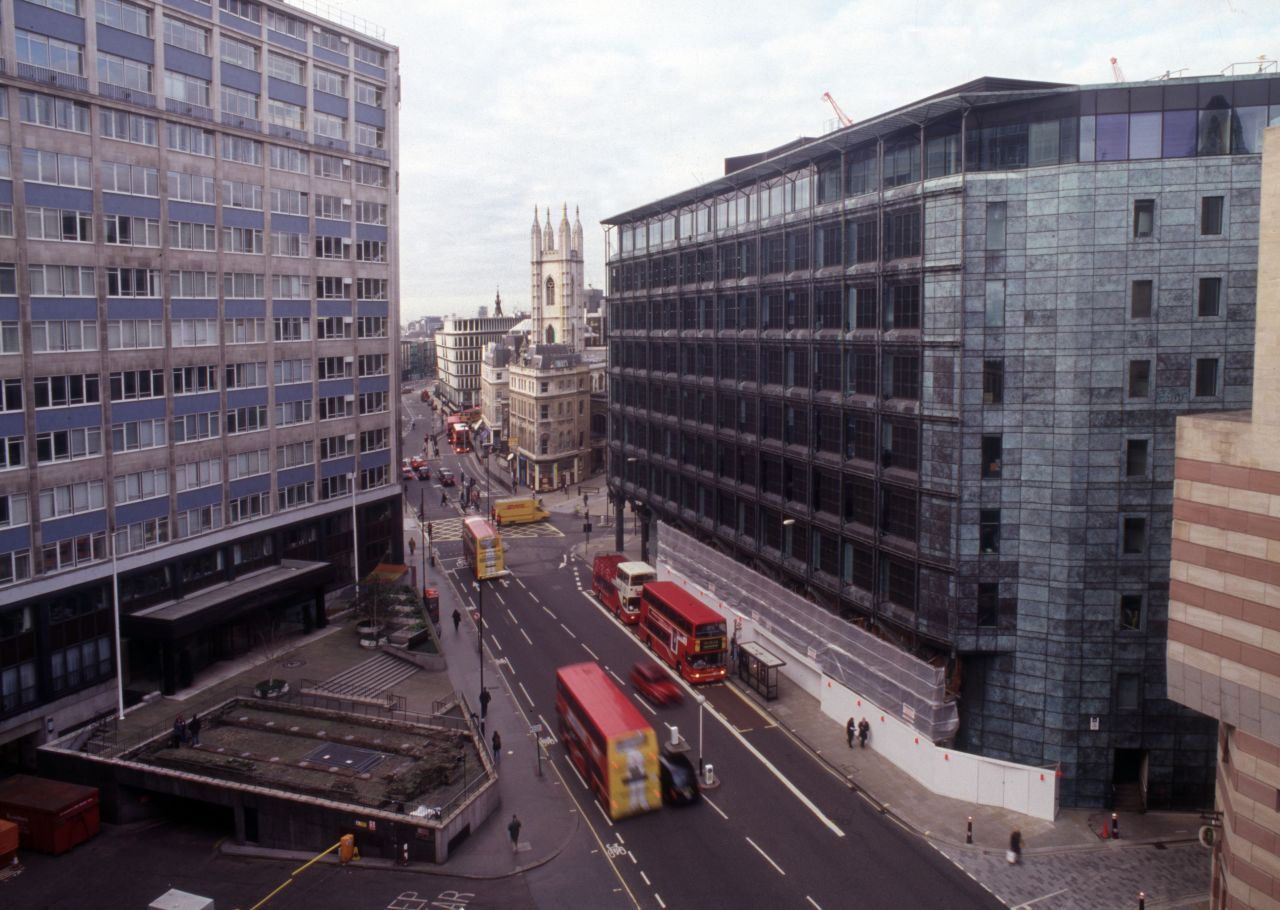 The temple (bottom left) was reconstructed above a car park on Queen Victoria Street in 1962.