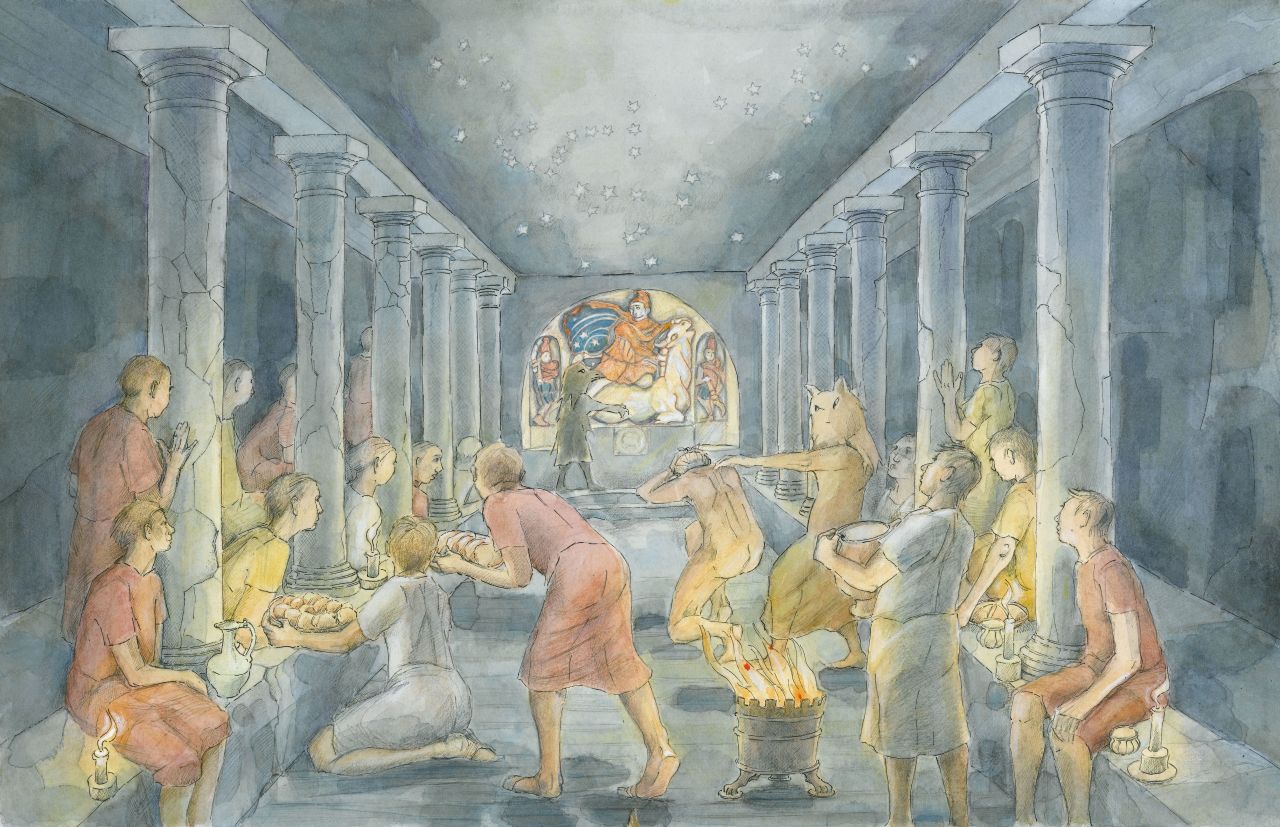 An artist's reconstruction of what went on inside the Mithraeum.