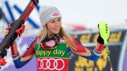First-placed US' Mikaela Shiffrin celebrates on the finish area after crossing the finish line for the first run of the FIS World Cup Ladies Slalom race in Kranjska Gora, on January 7, 2018. / AFP PHOTO / Jure Makovec        (Photo credit should read JURE MAKOVEC/AFP/Getty Images)