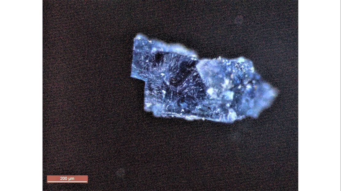 A blue crystal recovered from a meteorite that fell near Morocco in 1998.
