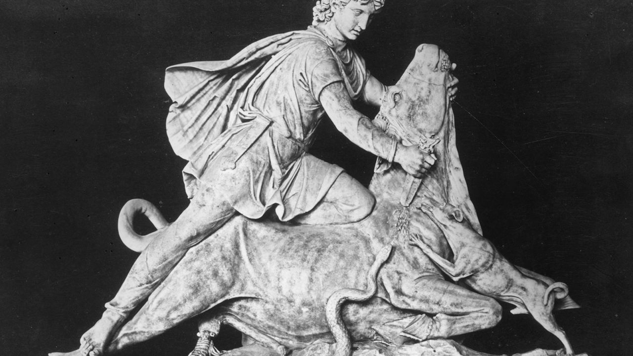 Cult statue of Mithras slaying the sacred bull with his dagger.