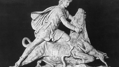 The centerpiece of most Mithraic temples features the god Mithras slaying a bull, known as the tauroctony. Variations of the relief feature a scorpion on the bull's testicles and a dog or snake licking the blood.