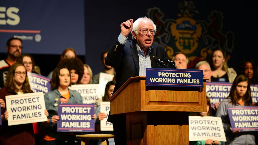 READING, PA - DECEMBER 03:  U.S. Senator Bernie Sanders speaks on stage during the Protecting Working Families Rally to stand up against the horrific GOP tax proposal, hosted by Not One Penny, and MoveOn.org at Santander Performing Arts Center on December 3, 2017 in Reading, Pennsylvania.  (Photo by Lisa Lake/Getty Images for MoveOn.org)