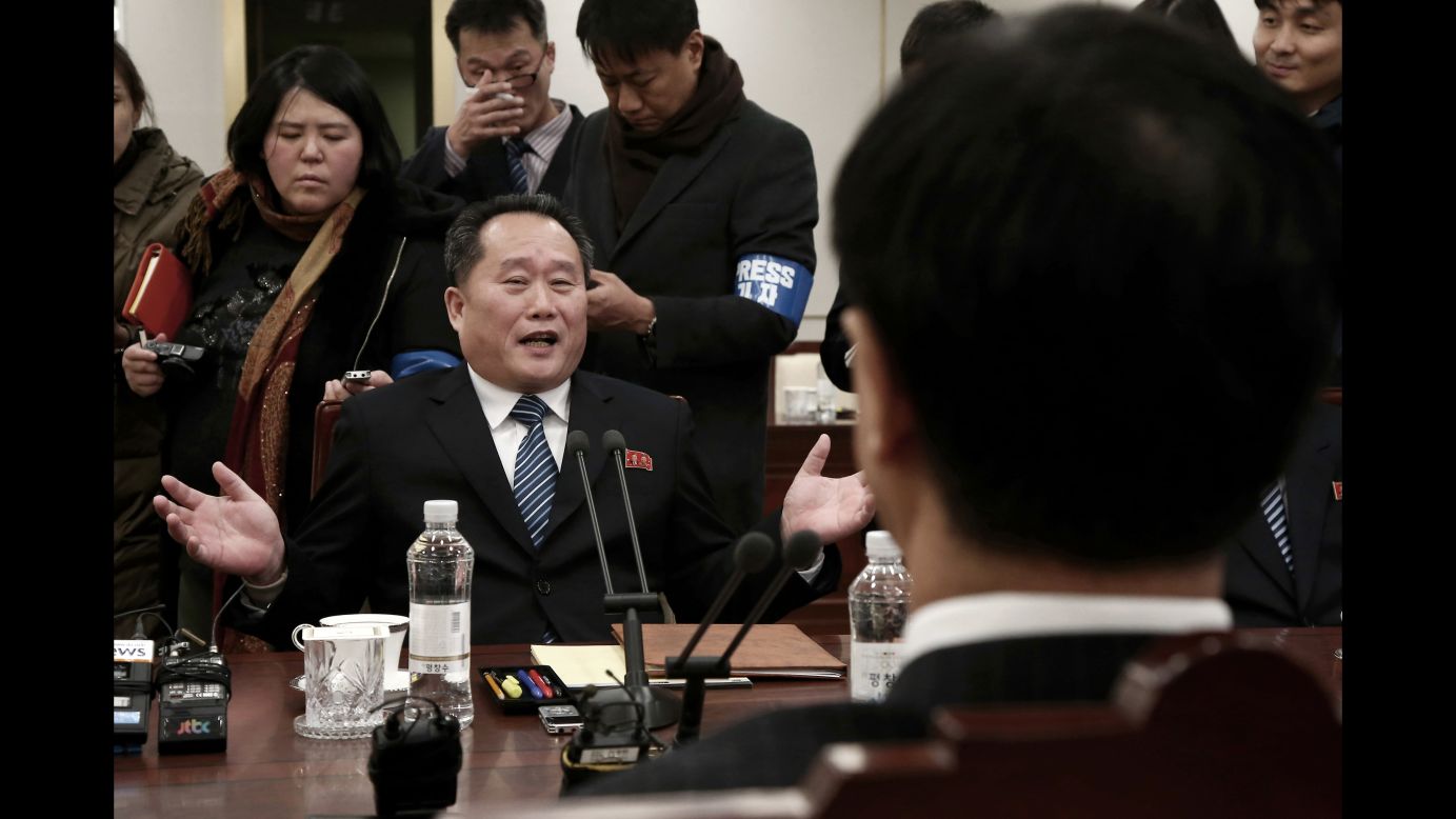 North Korea's chief negotiator, Ri Son Gwon, speaks to South Korean Unification Minister Cho Myoung-gyon, right, as <a href="http://www.cnn.com/2018/01/09/asia/north-korea-talks-intl/index.html" target="_blank">they meet in the border town of Panmunjom</a> on Tuesday, January 9. It was the first time the two nations have met face to face in more than two years. North Korea agreed to send a delegation to next month's Winter Olympics in South Korea. It also agreed to hold talks with Seoul to ease military tensions.
