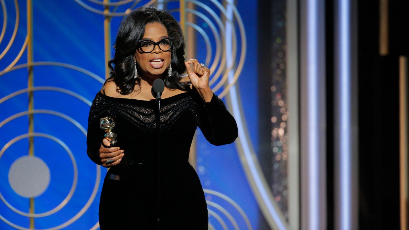 Oprah Winfrey accepts the Cecil B. DeMille Award at the Golden Globes on Sunday, January 7. She is the first black woman to receive the award, which is given annually "to a talented individual who has made an incredible impact on the world of entertainment." <a href="http://www.cnn.com/2018/01/07/entertainment/oprah-speech-2018-golden-globes/index.html" target="_blank">Her acceptance speech</a> spurred chatter of a presidential run, and <a href="http://money.cnn.com/2018/01/08/media/oprah-golden-globes/index.html" target="_blank">two of her close friends told CNN</a> that she is "actively thinking" about it.