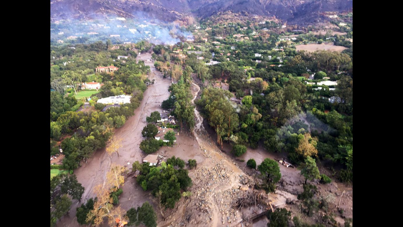 An aerial view of Montecito, California, shows mudflow and debris on Tuesday, January 9. Heavy rains <a href="http://www.cnn.com/2018/01/09/us/gallery/southern-california-mudslides-flooding/index.html" target="_blank">unleashed deadly mudslides</a> that damaged or swept away dozens of homes.
