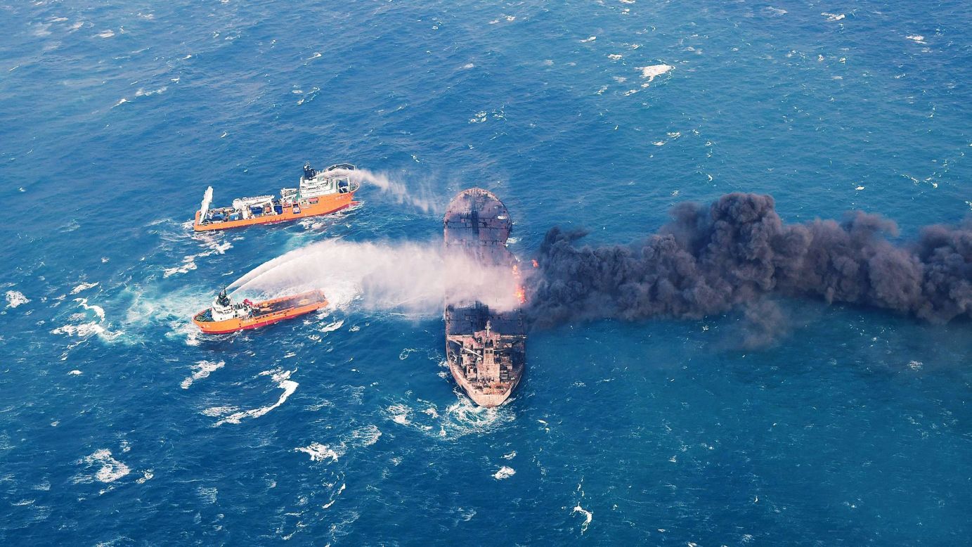 In this photo, distributed by the Transport Ministry of China, Chinese authorities spray foam on an oil tanker <a href="http://www.cnn.com/2018/01/10/asia/china-oil-tanker-sanchi-explosion-intl/index.html" target="_blank">that was ablaze</a> off the coast of Shanghai on Wednesday, January 10. The Panama-registered tanker, Sanchi, was carrying 136,000 tons of oil from Iran to South Korea when it collided with a Hong Kong-registered freighter in the East China Sea on Saturday, January 6. Thirty Iranian and two Bangladeshi sailors were on the Sanchi during the catastrophic collision.