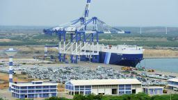 In this photograph taken on February 10, 2015, shows a general view of the port facility at Hambantota. 