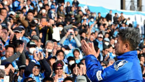 Miura celebrates his 50th birthday with fans in February 2017, after the opening match of the season against Matsumoto Yamaga in Yokohama.