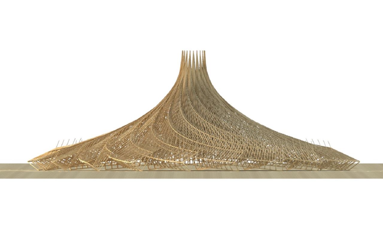 The temple is a place to celebrate or think about the deceased. Towards the center of Galaxia, the petals will lift towards the sky and a giant 3D-printed teardrop will hang from the top. For Mamou-Mani, this tear will symbolize the collective grief and emotion of the Burners.