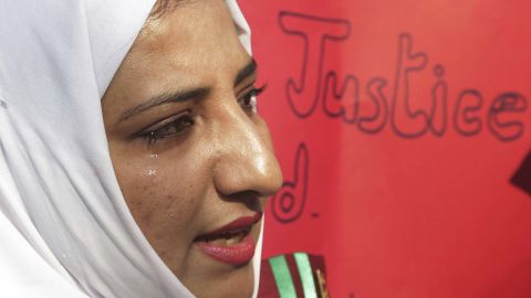 A Pakistani student protests with others Friday at a rally in Lahore condemning the rape and killing of Zainab last week in Kasur.