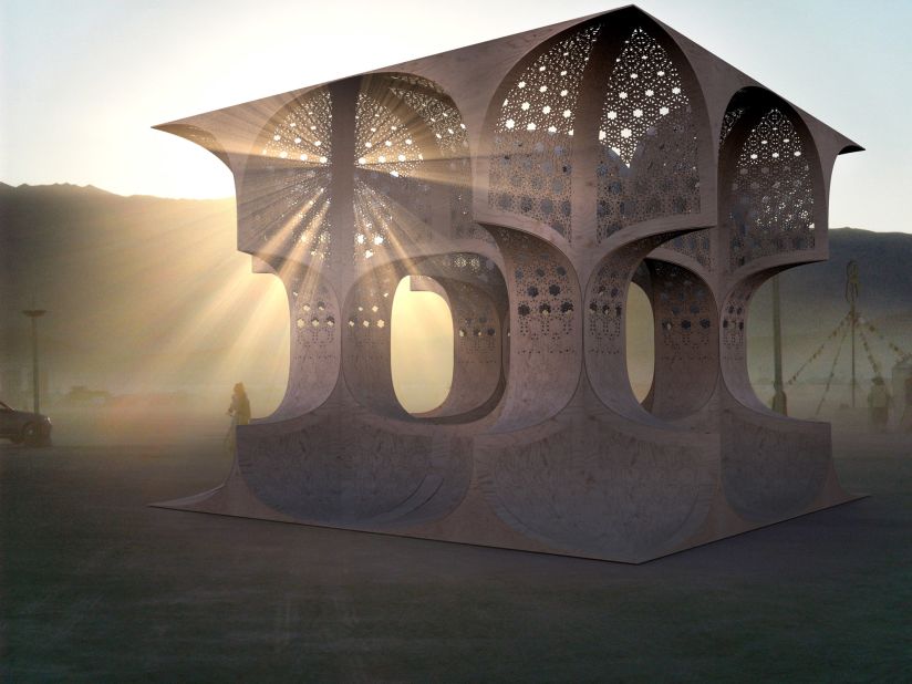 Hayam Sun Temple was designed by Josh Haywood, a student at Westminster University, for Burning Man 2014. Inspired by Islamic art, the pavilion referenced the motifs found in mosques, though it was not a religious structure.