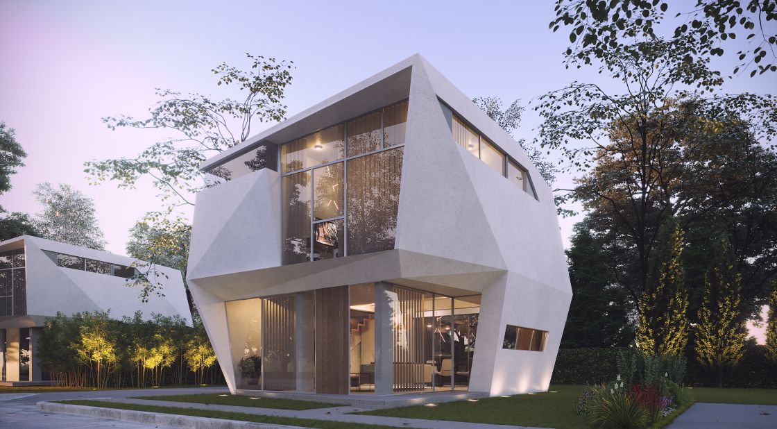 Calma's diamond-inspired prefab home can be configured as a standalone structure or as a row of adjoined houses. 
