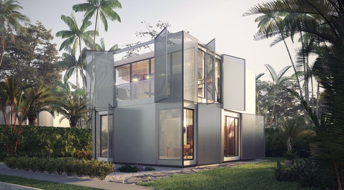 Musician, fashion designer and artist Daphne Guinness designed a prefab home covered with collapsible metal panels. When the panels close, the house takes the form of a metal box. 