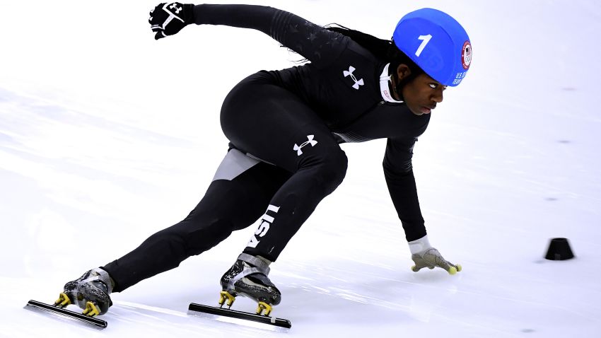 SALT LAKE CITY, UT - DECEMBER 16:  Maame Biney #1 takes the corner on her way to victory in the Women's 500 Meter A Final for a spot on the Olympic team during the 2018 U.S. Speedskating Short Track Olympic Team Trials at the Utah Olympic Oval on December 16, 2017 in Salt Lake City, Utah.  (Photo by Harry How/Getty Images)