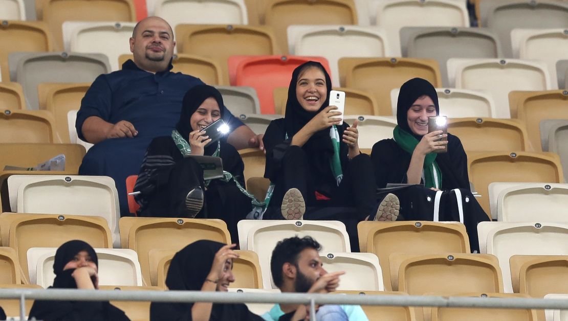 Female Saudi soccer fans attend a match at the King Abdullah Sports City in Jeddah on January 12.