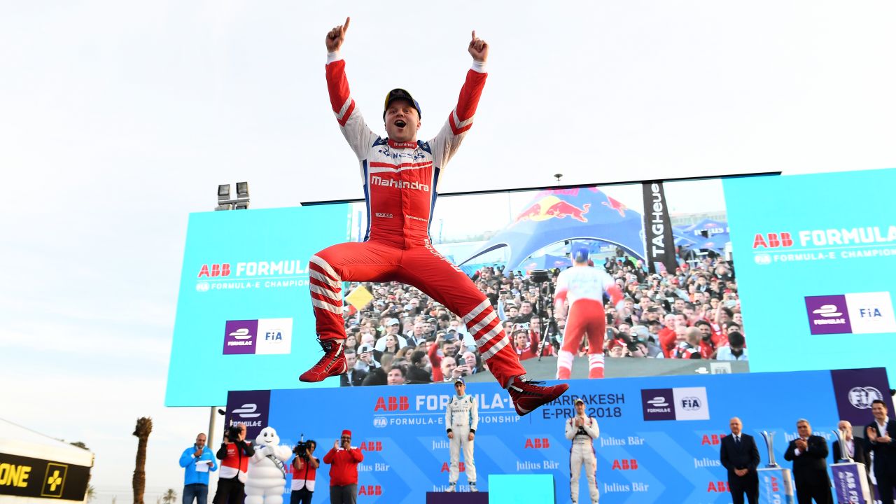 MARRAKECH, MOROCCO - JANUARY 13: In this handout provided by FIA Formula E -  Felix Rosenqvist (SWE), Mahindra Racing, Mahindra M4Electro, celebrates on the podium after winning the race during the Marrakech ePrix, Round 3 of the 2017/18 FIA Formula E Series at the Circuit International Automobile Moulay El Hassan on January 13, 2018 in Marrakech, Morocco. (Photo by Sam Bagnall/LAT Images/FIA Formula E via Getty Images)