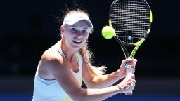MELBOURNE, AUSTRALIA - JANUARY 14:  Caroline Wozniacki of Denmark hits a backhand volley during a practice session ahead of the 2018 Australian Open at Melbourne Park on January 14, 2018 in Melbourne, Australia.  (Photo by Michael Dodge/Getty Images)