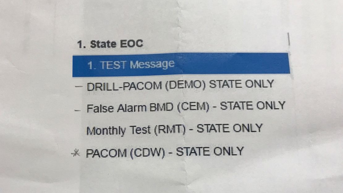 A printout of the state's alert templates as they stand now, after officials added a false alarm option.