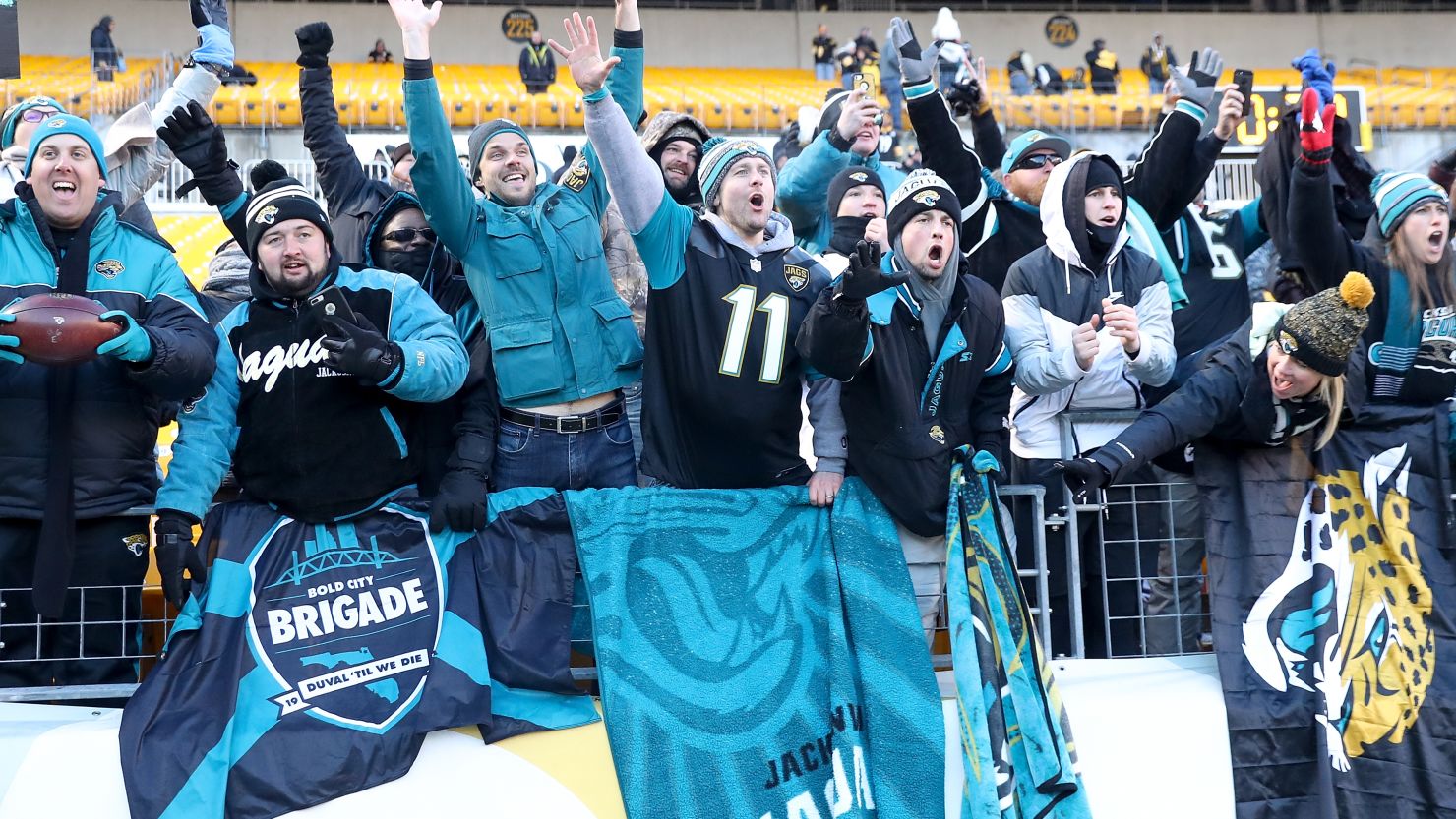 Jaguars fans celebrate after Jacksonville defeated the Steelers in the AFC divisional playoff game at Heinz Field in Pittsburgh, Pennsylvania.