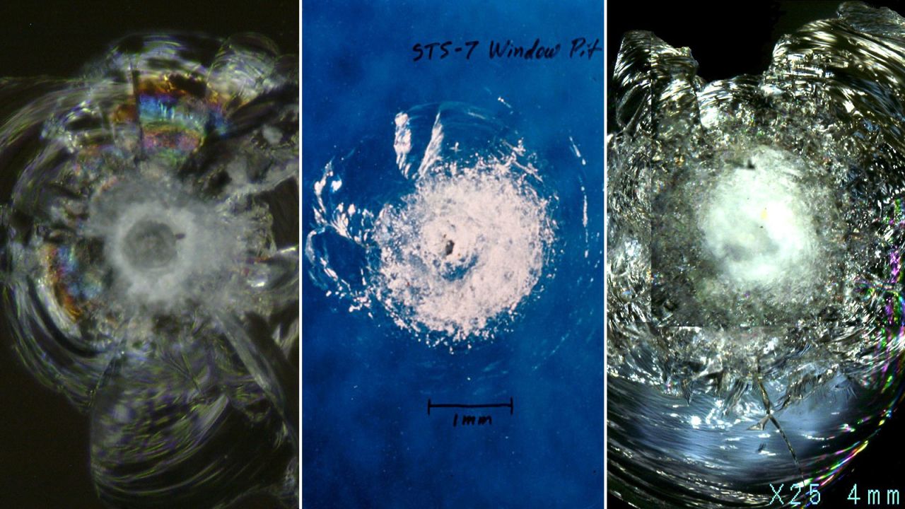 A number of magnified images showing "pitting" in space shuttle windows. The glass used was extremely strong, but could be damaged by debris as small as a fleck of paint. Today the International Space Station's cupola observation windows are quadruple glazed, but are still susceptible to miniscule pieces of debris.